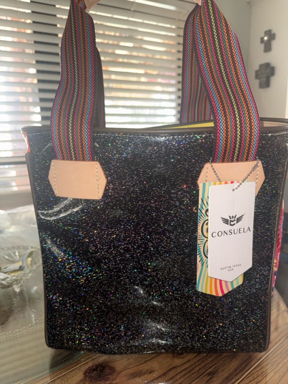 Gorgeous Consuela Multi Color Holographic Glitter Tote with Striped Handles - Picture 2 of 13